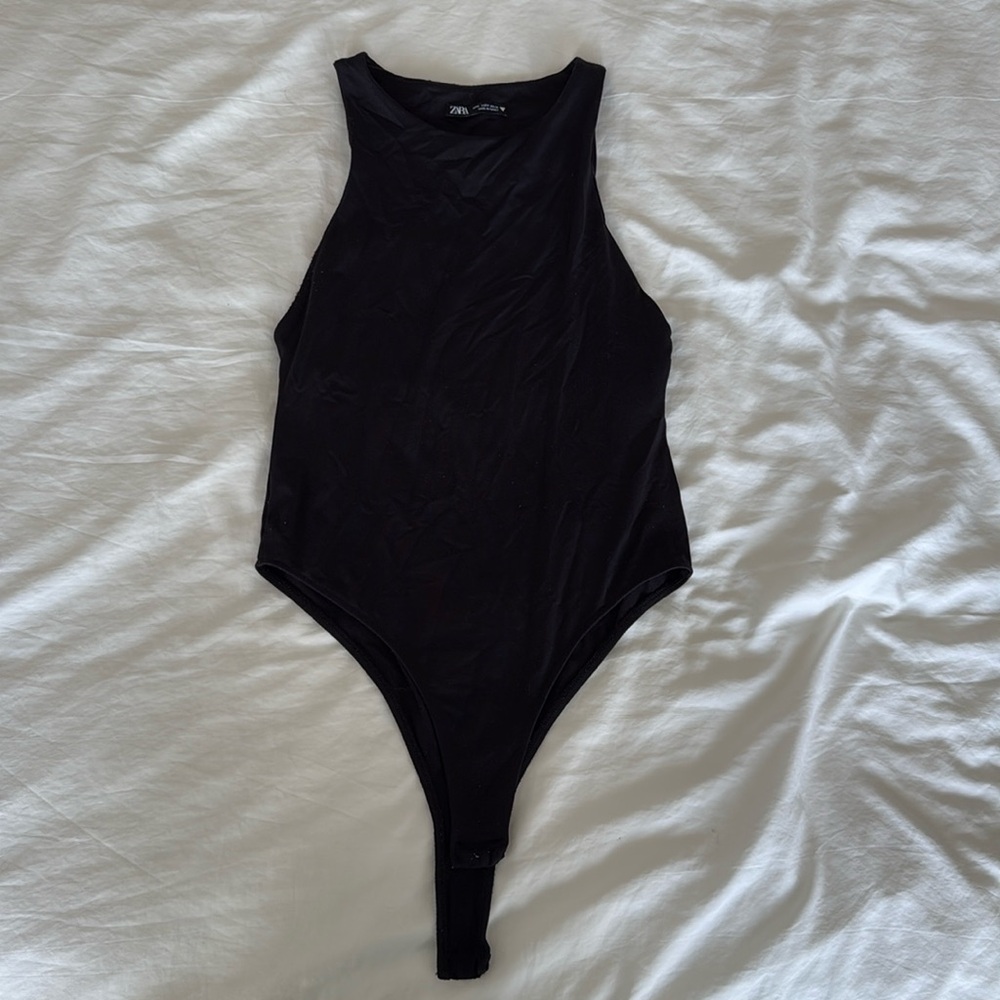 Zara Black Bodysuit One Piece Sleeveless High-Cut